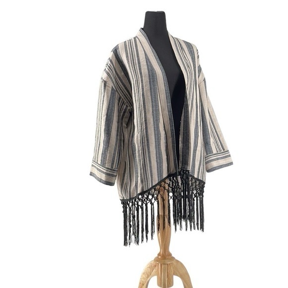 Zara Ecru Neutral Striped Boho 3/4 Sleeves Fringe Kimono festival Jacket sz sm - Picture 7 of 11